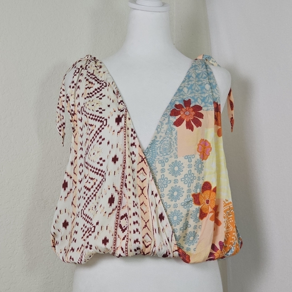 Free People Tie Ro You Printed Tank Top Sz S Multi Colored, Boho,Western,Whimsy